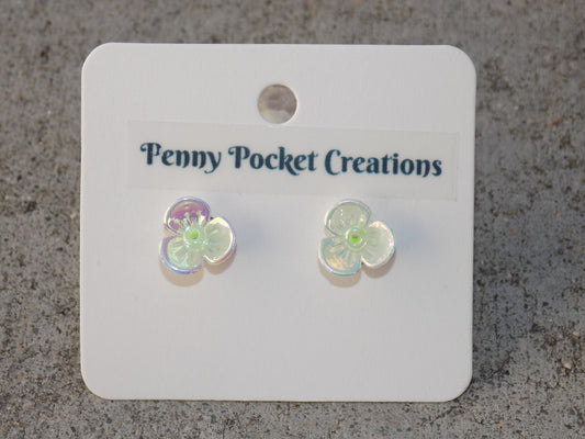 White Rainbow Shimmer 3-Petal Flower 2mm Bead Center Stainless Steel Post Earrings