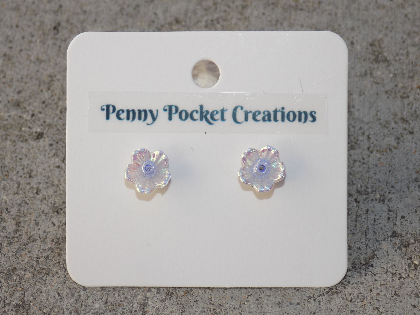 White Rainbow Shimmer 5-Petal Flower 2mm Bead Center Stainless Steel Post Earrings