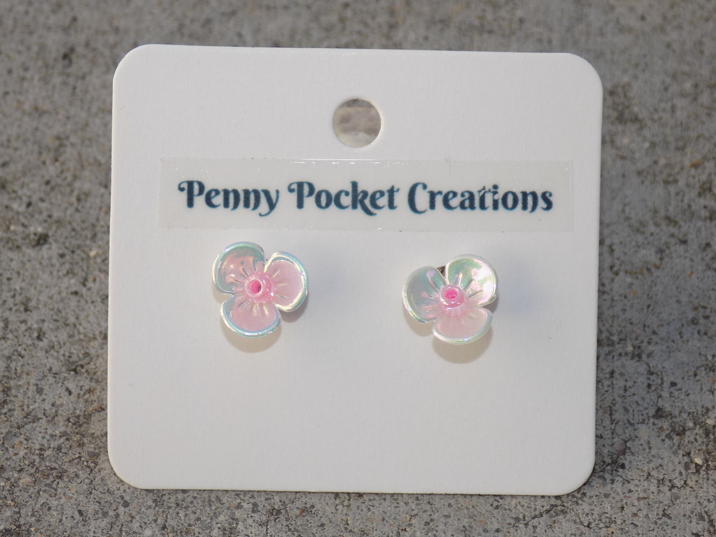 White Rainbow Shimmer 3-Petal Flower 2mm Bead Center Stainless Steel Post Earrings