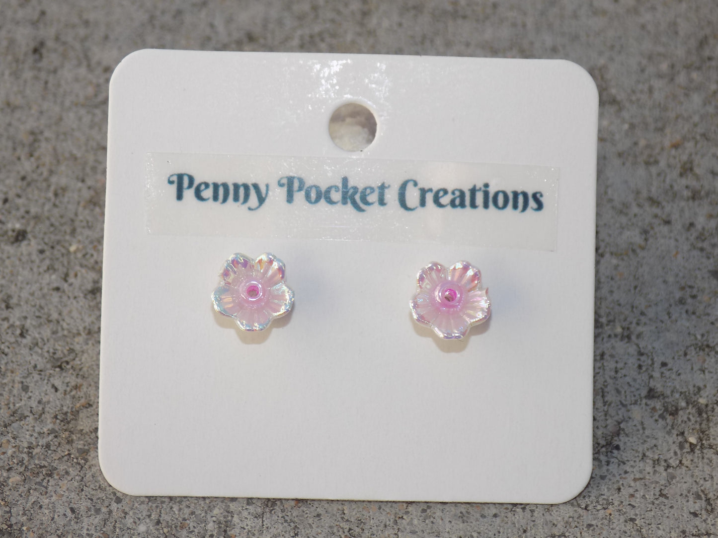 White Rainbow Shimmer 5-Petal Flower 2mm Bead Center Stainless Steel Post Earrings