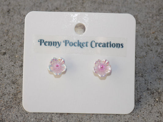 White Rainbow Shimmer 5-Petal Flower 2mm Bead Center Stainless Steel Post Earrings