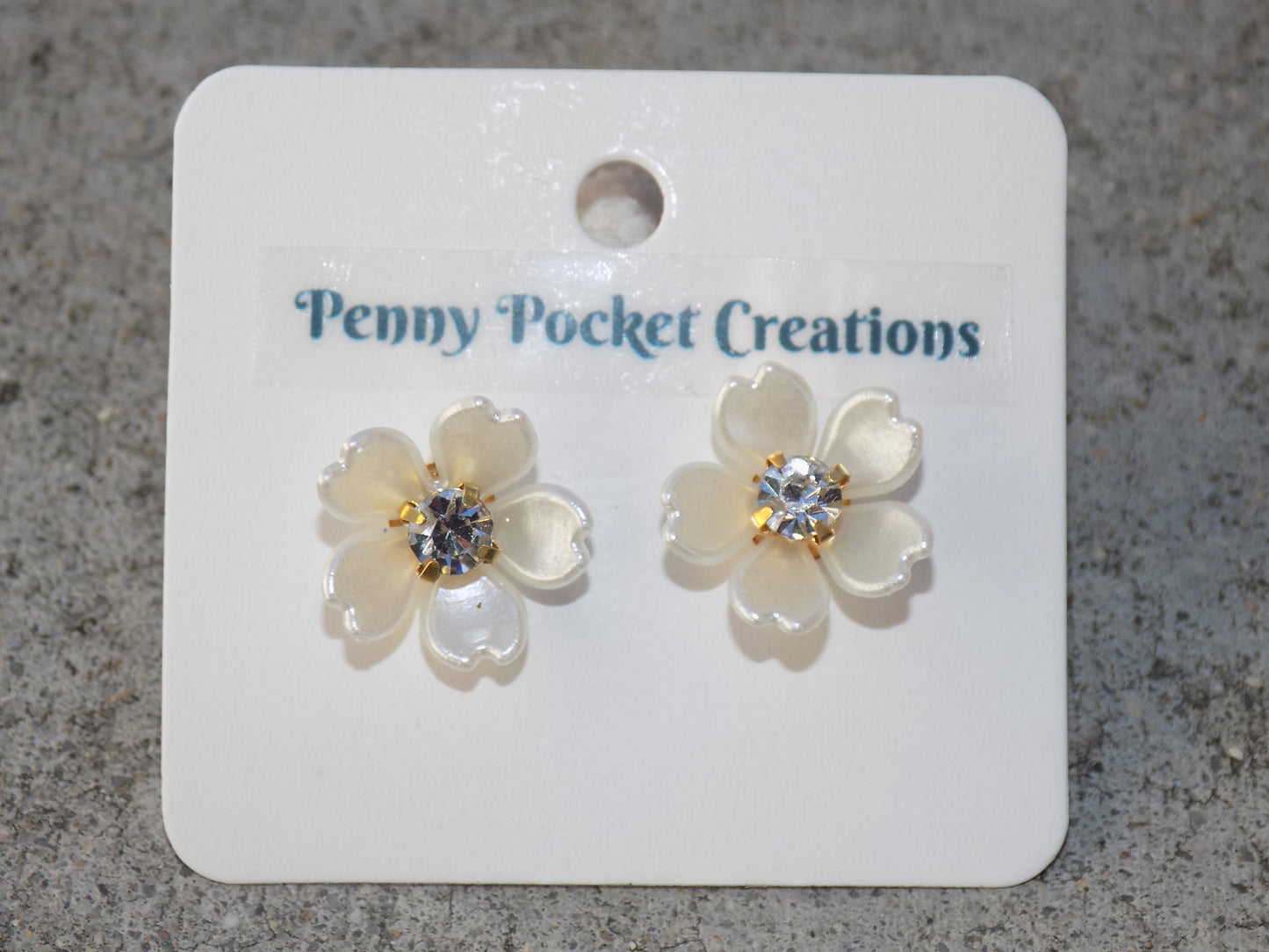 Earrings Ivory 14mm Resin 5-Petal Flower Clear Rhinestone Center