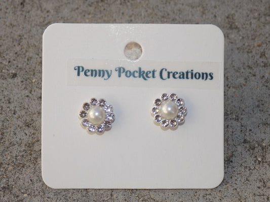 White Pearl Rhinestone Border Resin Silvery Stainless Steel Hypoallergenic Earrings