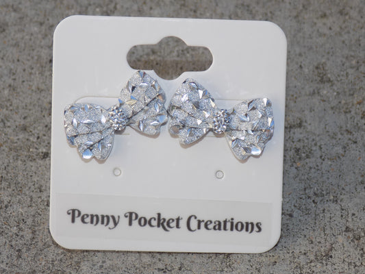 Sequin Glitter Resin Bowtie Silvery Stainless Steel Hypoallergenic Earrings