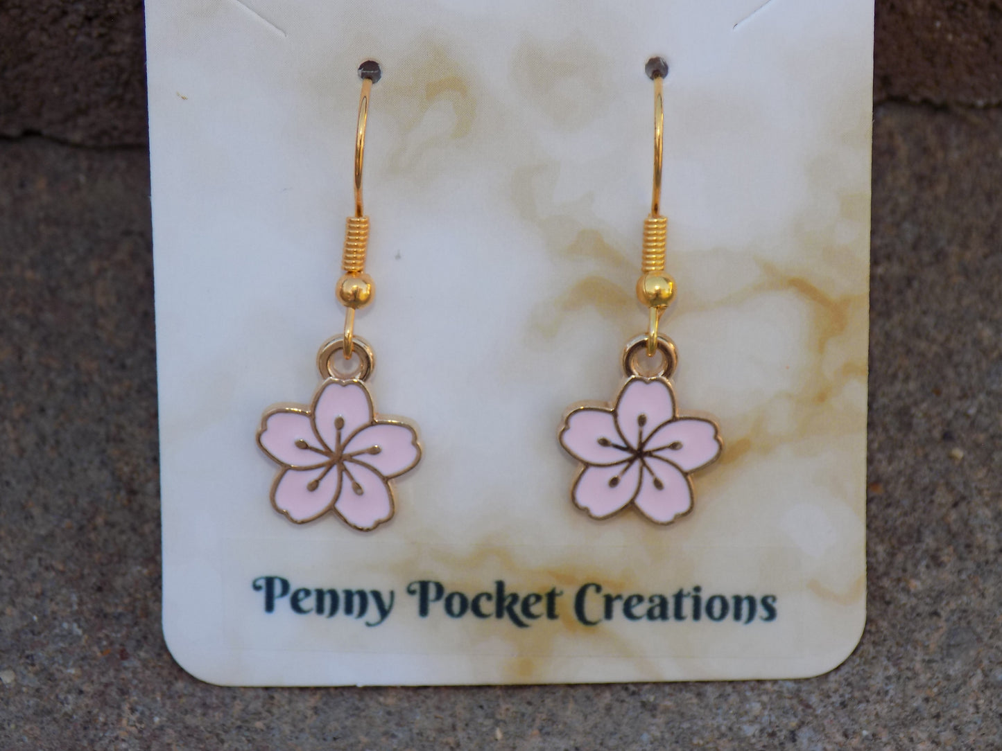Enamel Golden Flat 5-Petal Flower Gold Stamen Center Dangle Hook Earrings