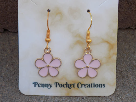 Enamel Golden Flat 5-Petal Flower Dangle Hook Earrings