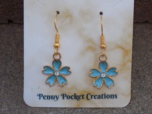 Enamel Golden Upturn 5-Petal Flower Rhinestone Center Dangle Hook Earrings