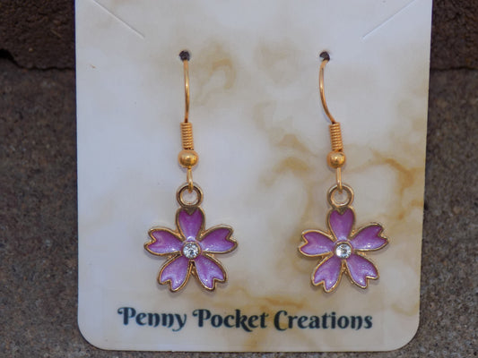 Enamel Golden Curved 5-Petal Flower Dangle Hook Earrings