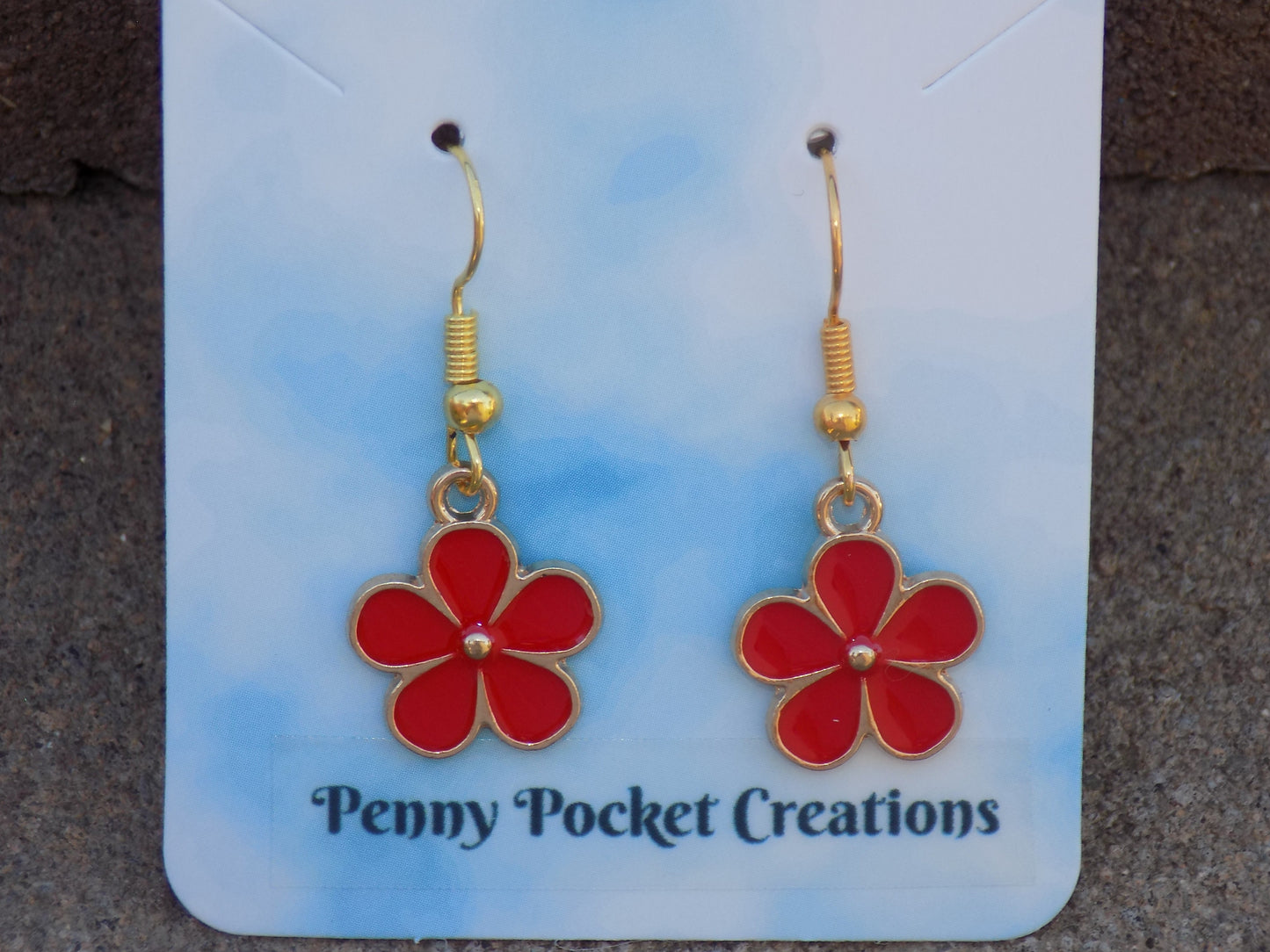 Enamel Golden Flat 5-Petal Flower Dangle Hook Earrings