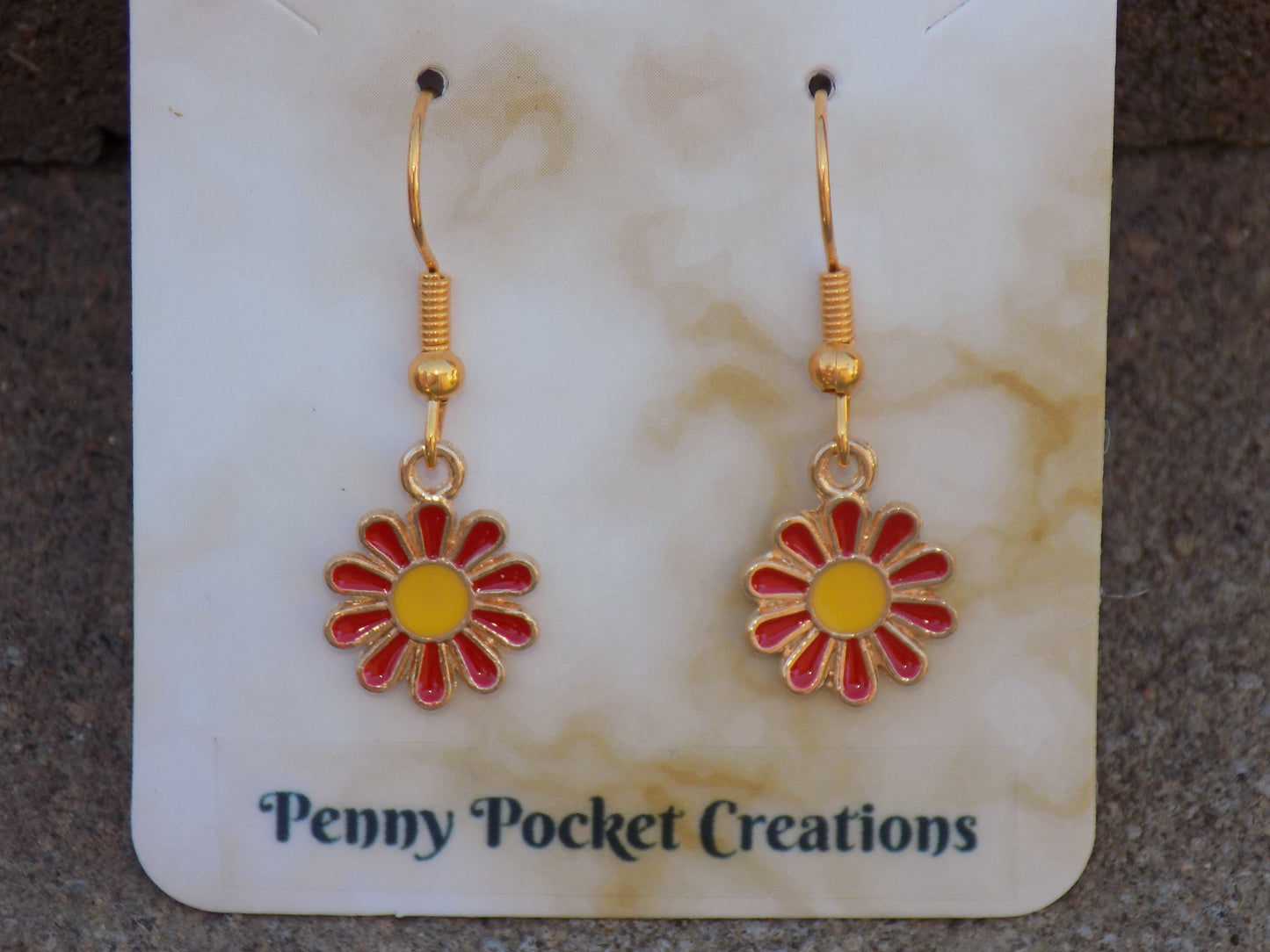 Enamel Golden Daisy Large Center Flower Dangle Hook Earrings