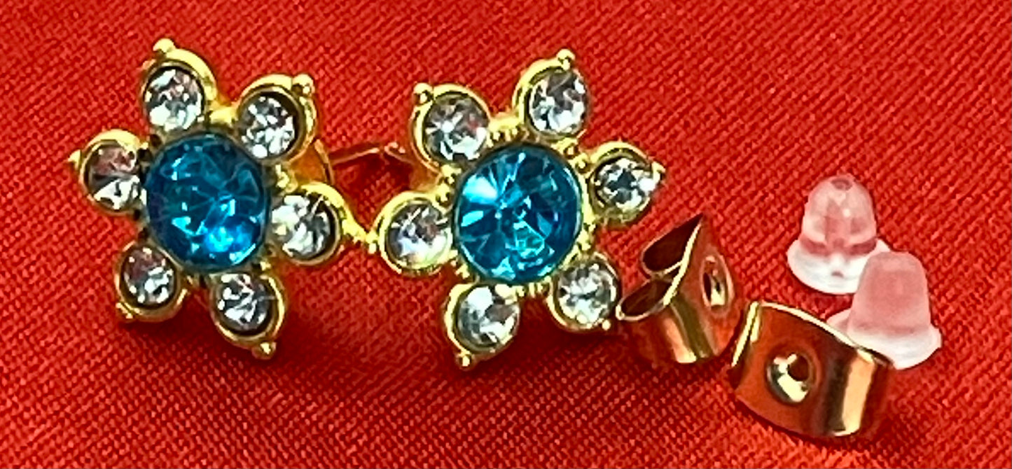 Earrings Golden 5 Petal Rhinestone Flower Center Gem in 11 Colors