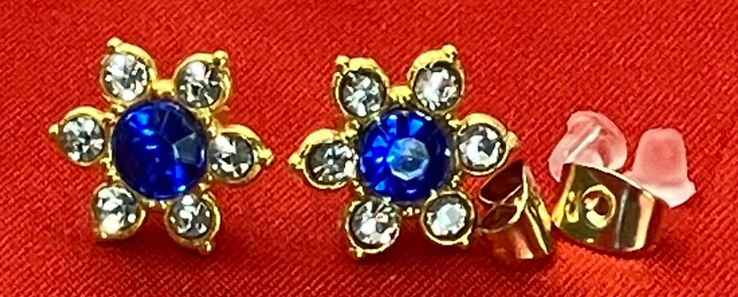 Earrings Golden 5 Petal Rhinestone Flower Center Gem in 11 Colors