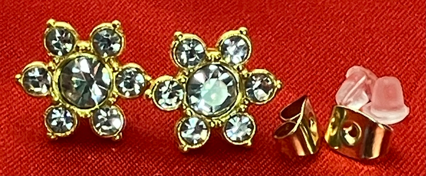 Earrings Golden 5 Petal Rhinestone Flower Center Gem in 11 Colors