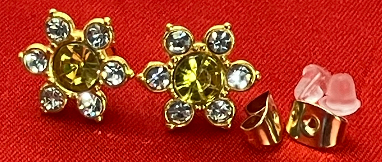 Earrings Golden 5 Petal Rhinestone Flower Center Gem in 11 Colors