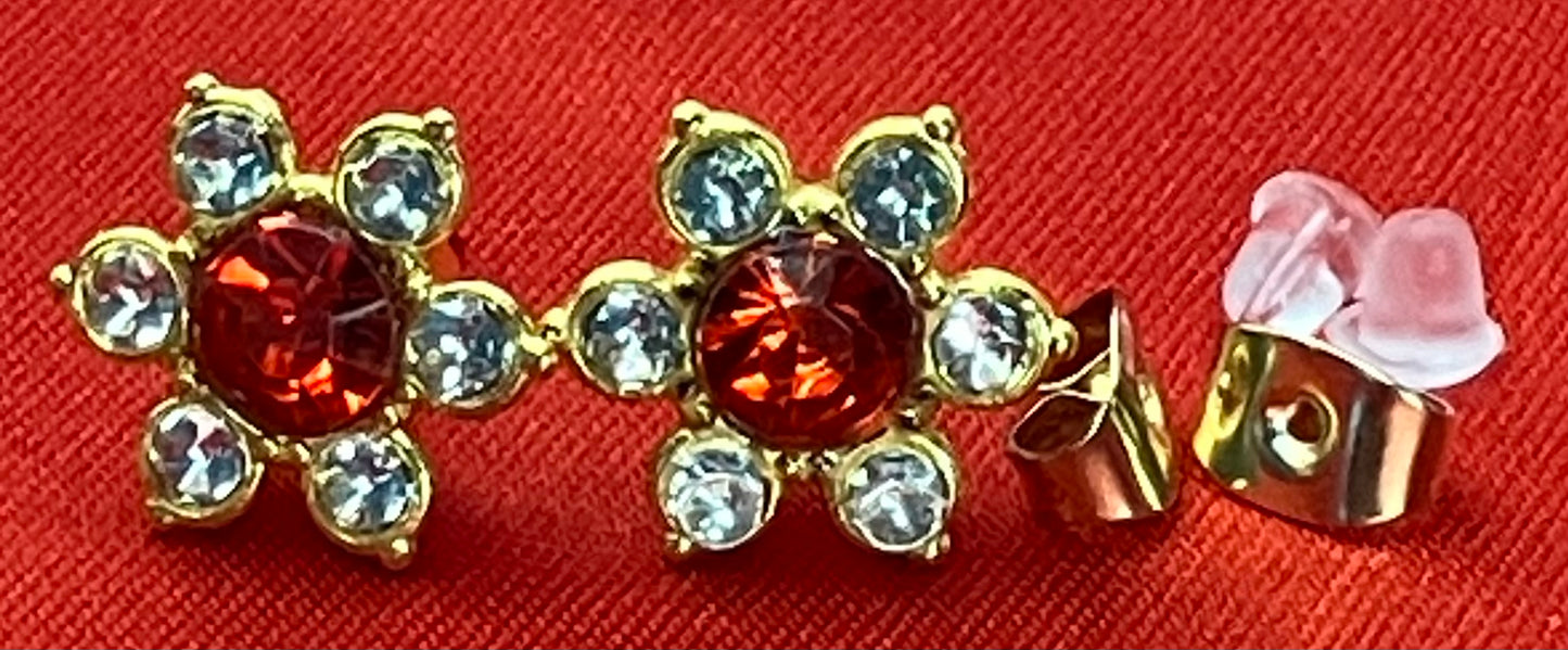 Earrings Golden 5 Petal Rhinestone Flower Center Gem in 11 Colors
