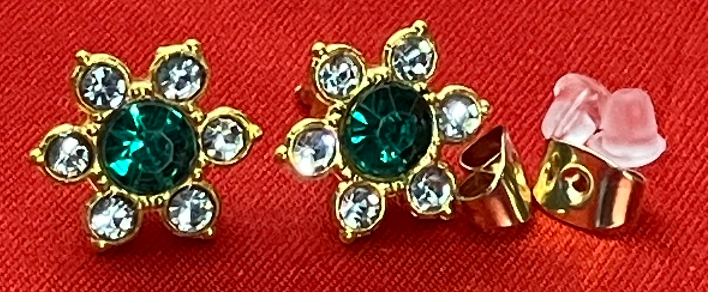 Earrings Golden 5 Petal Rhinestone Flower Center Gem in 11 Colors