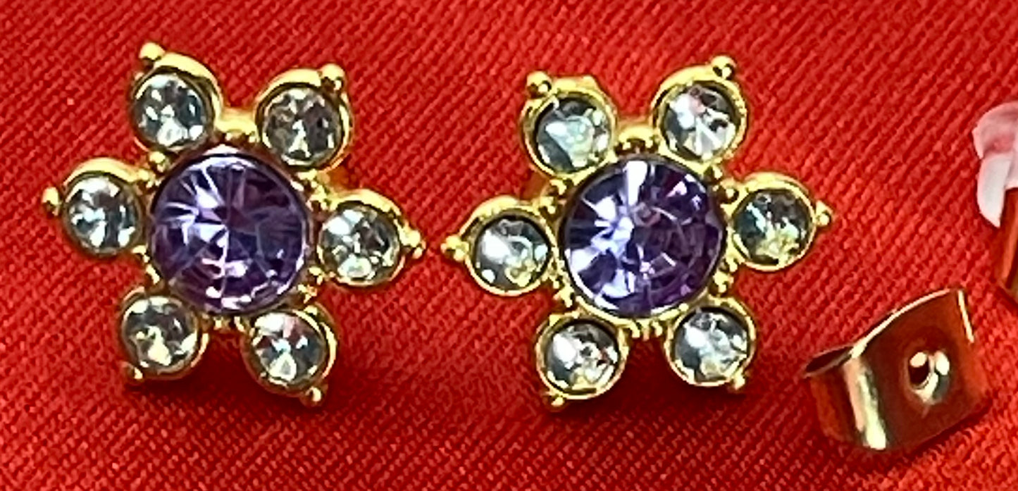 Earrings Golden 5 Petal Rhinestone Flower Center Gem in 11 Colors