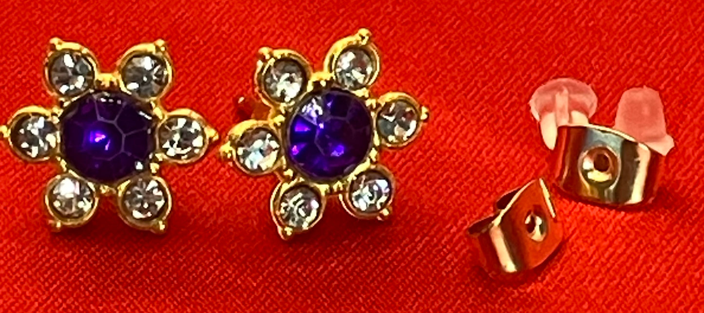 Earrings Golden 5 Petal Rhinestone Flower Center Gem in 11 Colors