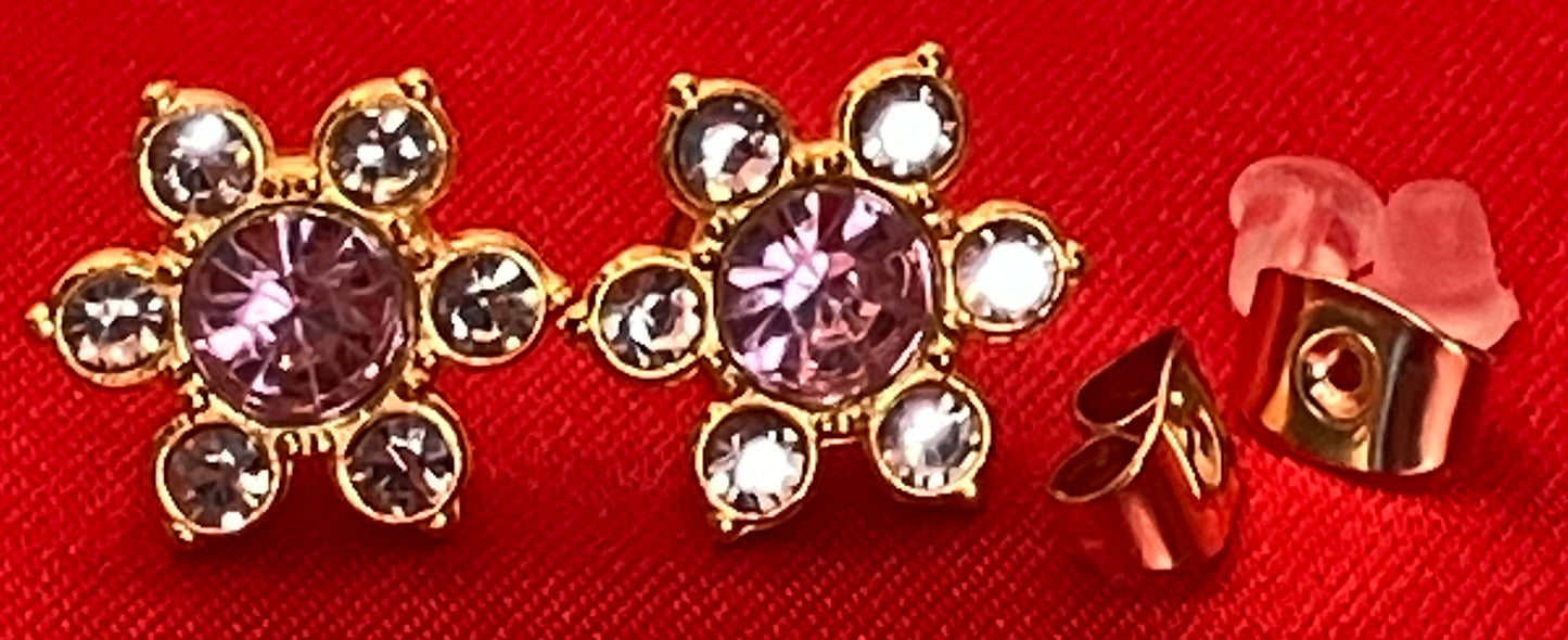 Earrings Golden 5 Petal Rhinestone Flower Center Gem in 11 Colors