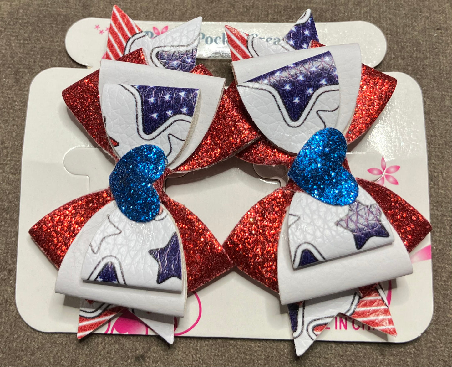 Patriotic Synthetic Leather Hair Bows 4-Layer Quad Pair, 2 options