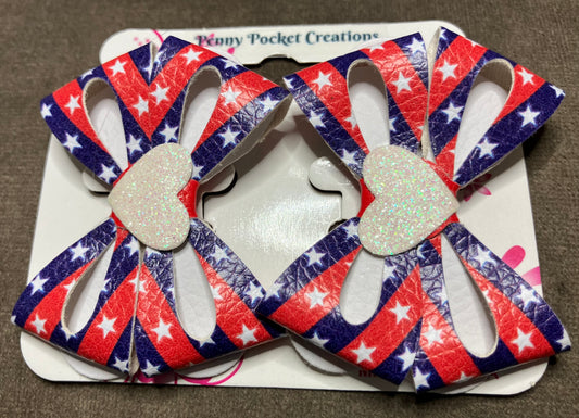 Patriotic Synthetic Leather Hair Bows 2-Layer Quad Teardrop Cutout