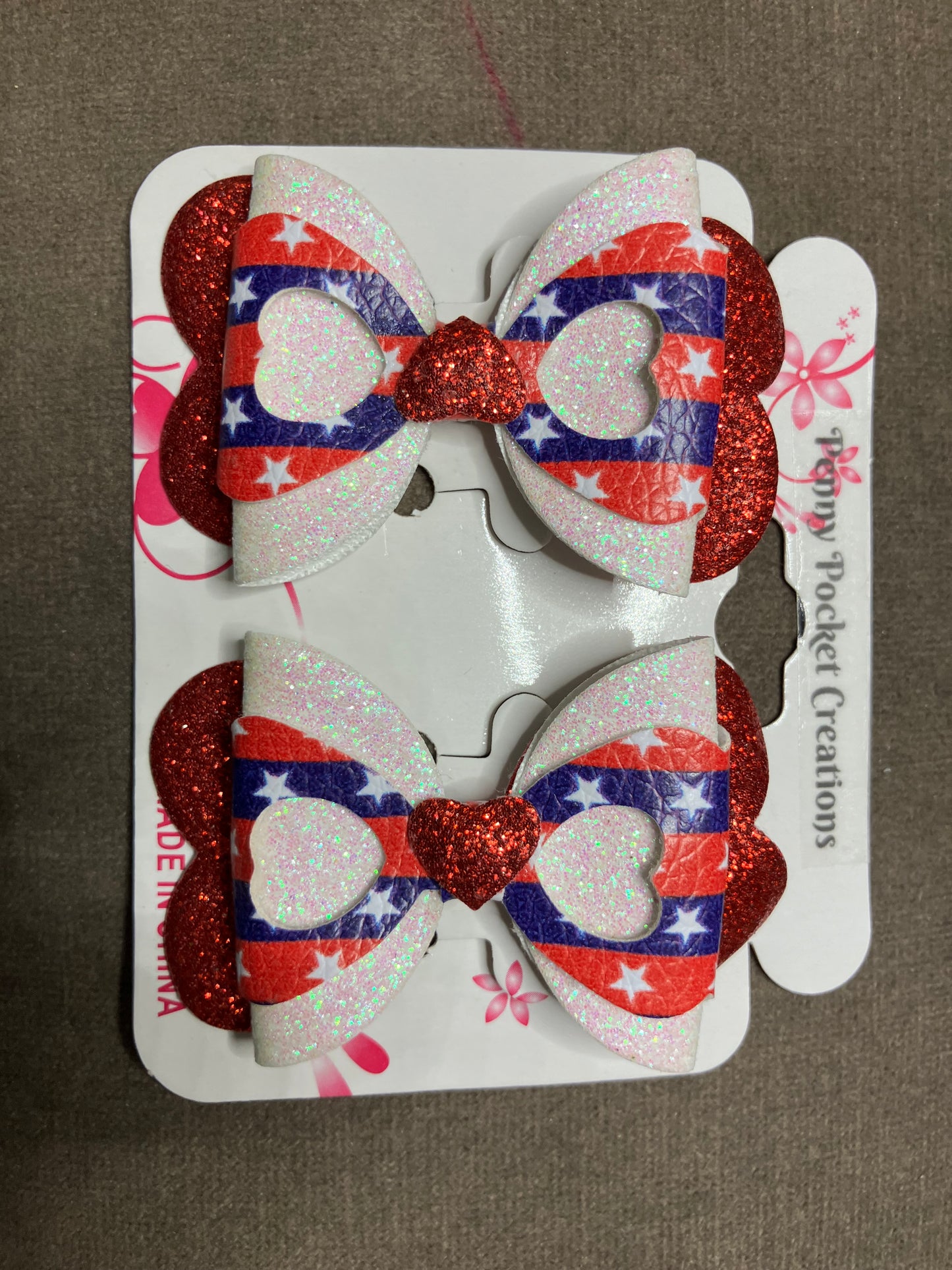Patriotic Synthetic Leather Hair Bows 3-Layer Heart Cutout & back shape, 2 options