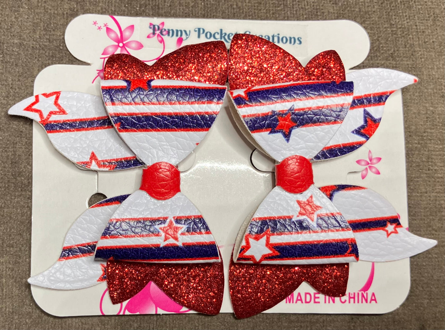 Patriotic Synthetic Leather Hair Bows Med 3-Layer Wings Curve Tail, 3 options