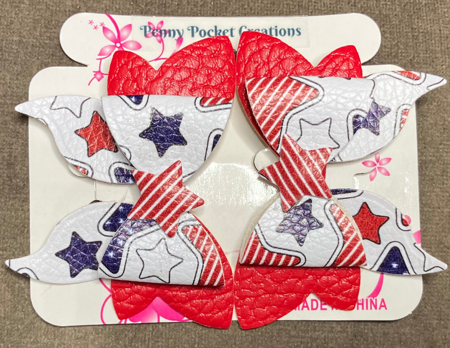 Patriotic Synthetic Leather Hair Bows Med 3-Layer Wings Curve Tail, 3 options