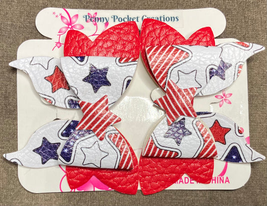 Patriotic Synthetic Leather Hair Bows Med 3-Layer Wings Curve Tail, 3 options