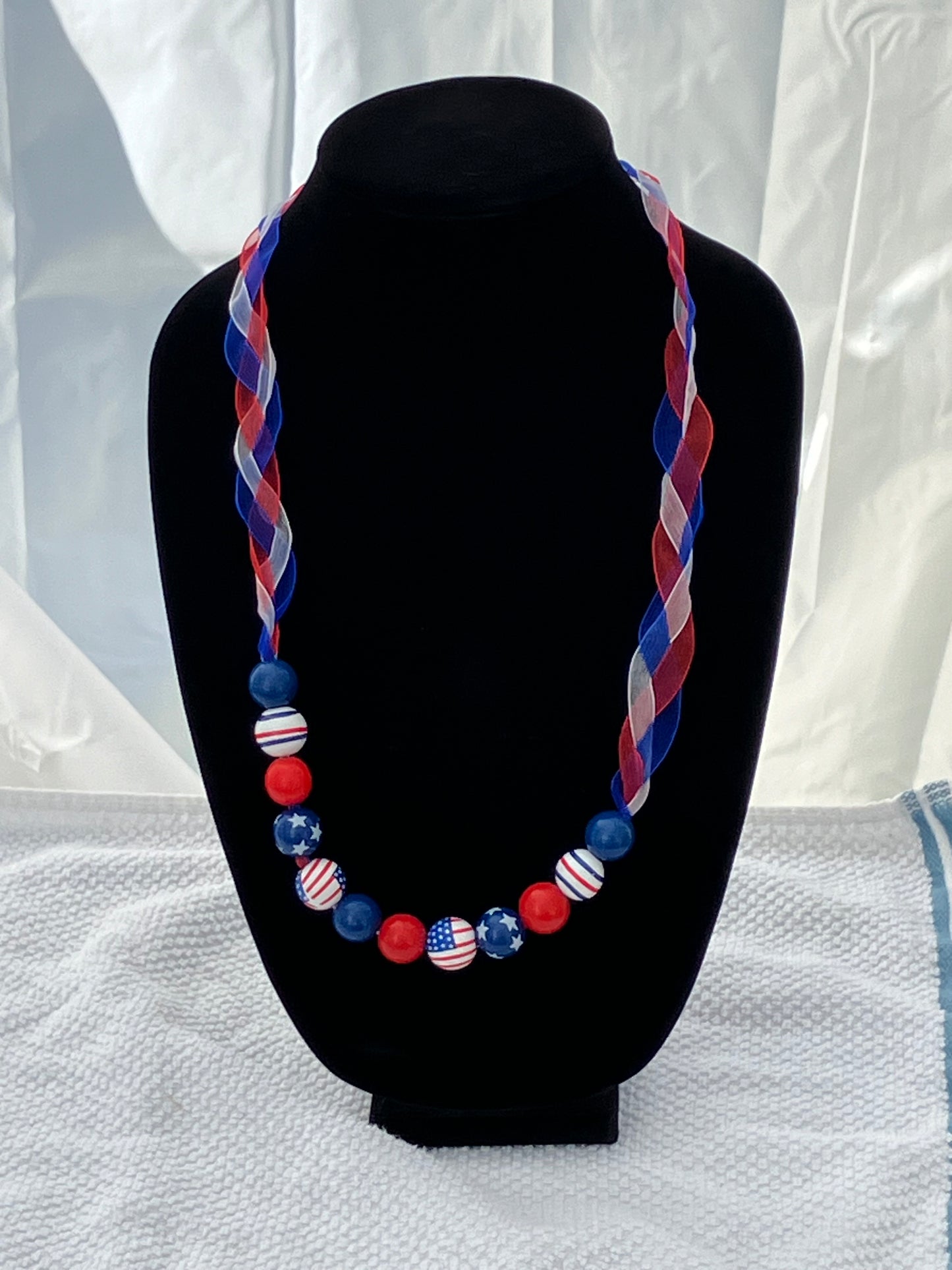 Patriotic Necklace Wooden Beads, Loose Braided Organza Ribbon 28+2”