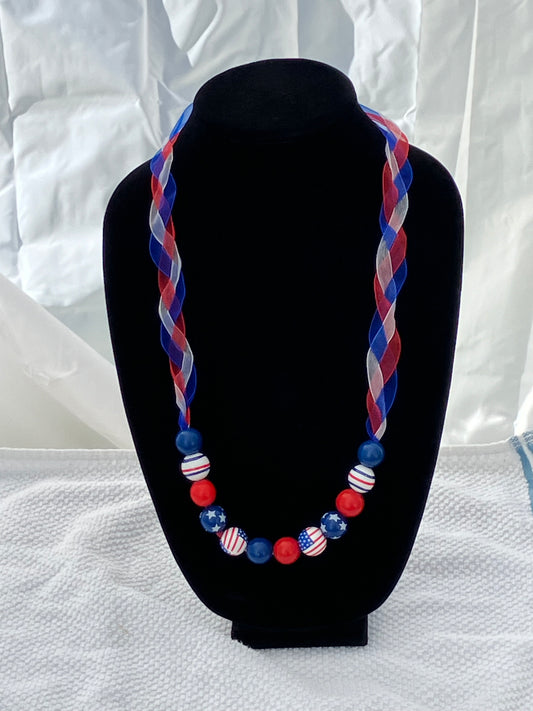 Patriotic Necklace Wooden Beads, Loose Braided Organza Ribbon 28+2”