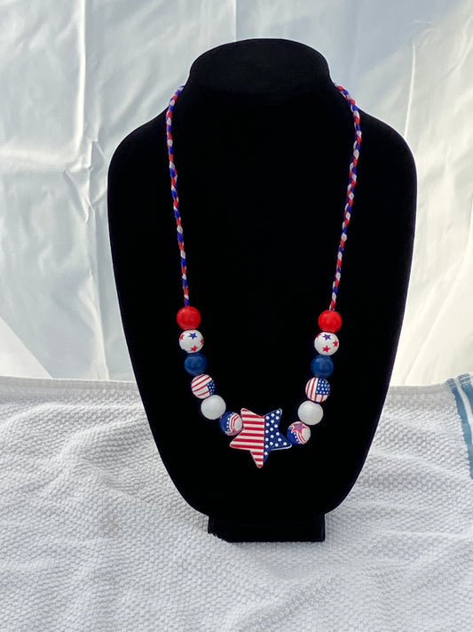 Patriotic Necklace 13 Wooden Beads Braided Organza Ribbon 28+2”