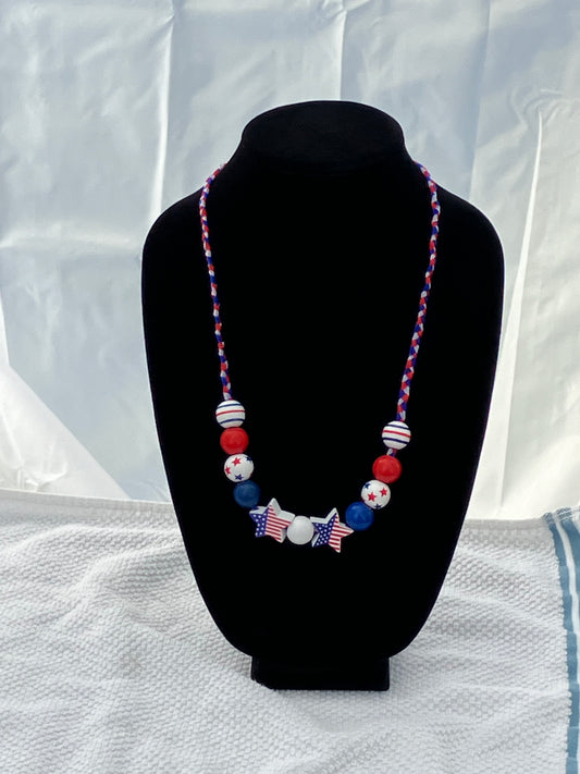 Patriotic Necklace 11 Wooden Beads Braided Organza Ribbon 27+2”