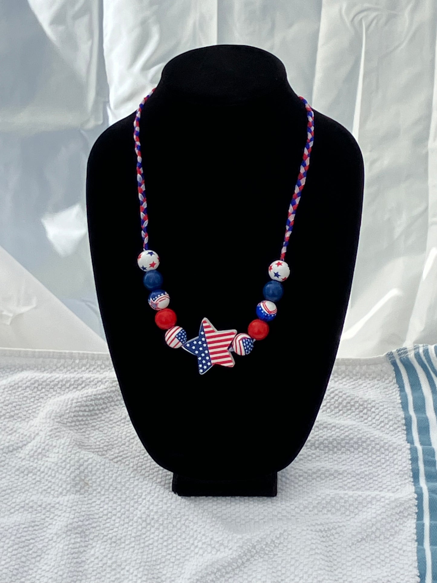 Patriotic Necklace 11 Wooden Beads Braided Organza Ribbon 25+2”