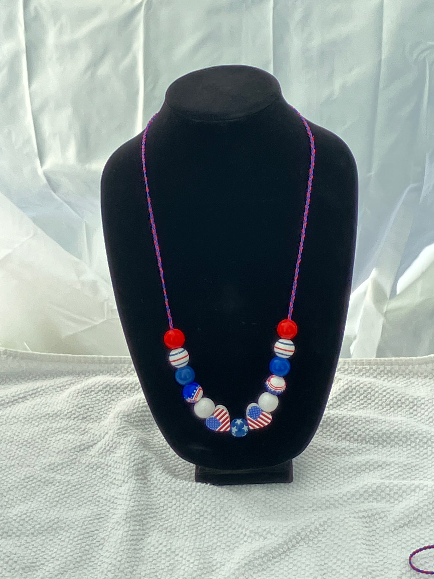 Patriotic Necklace 11 Wooden Beads Braided Cord 29”