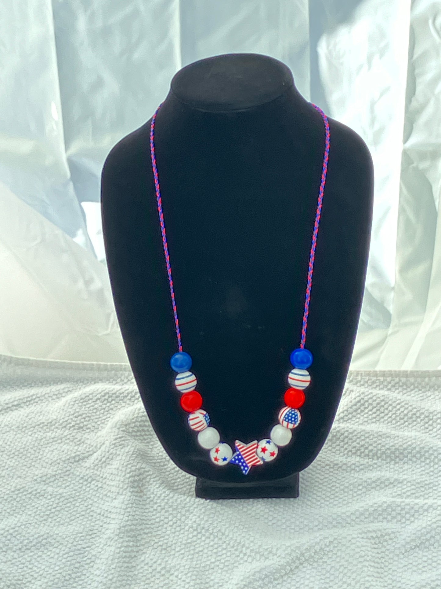 Patriotic Necklace 11 Wooden Beads Braided Cord 29-30”