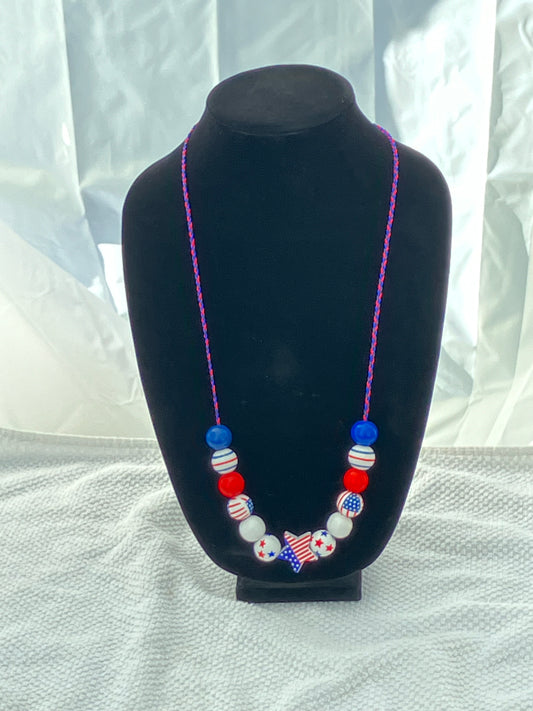 Patriotic Necklace 11 Wooden Beads Braided Cord 29-30”