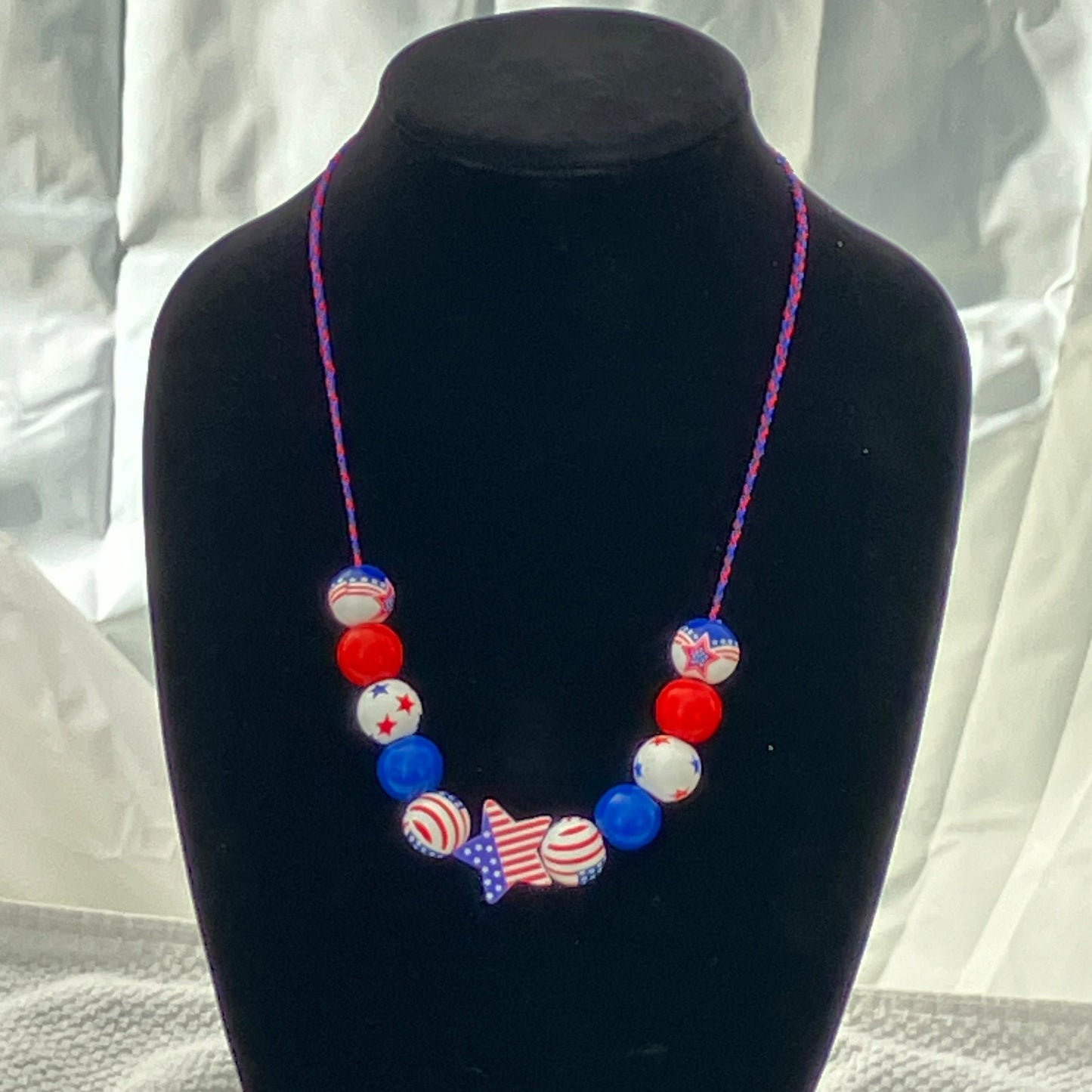 Patriotic Necklace 11 Wooden Beads Braided Cord 22+2”
