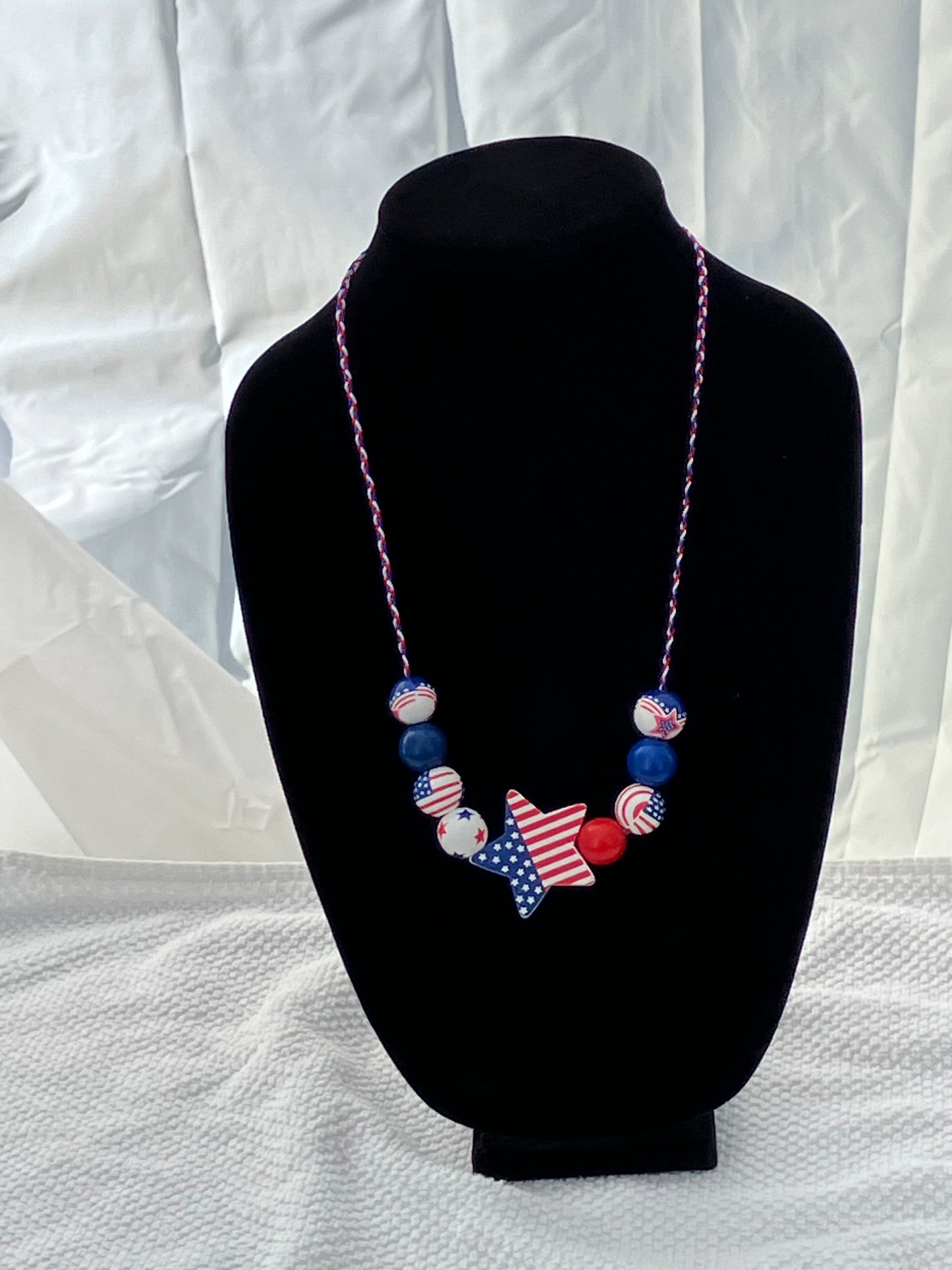 Patriotic Necklace 9 Wooden Beads Braided Cord 25”