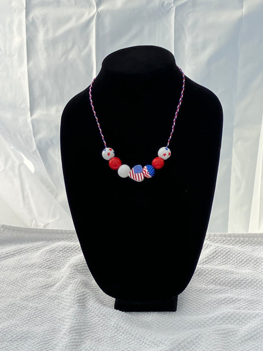 Patriotic Necklace 7 Wooden Beads Braided Cord 19.5”