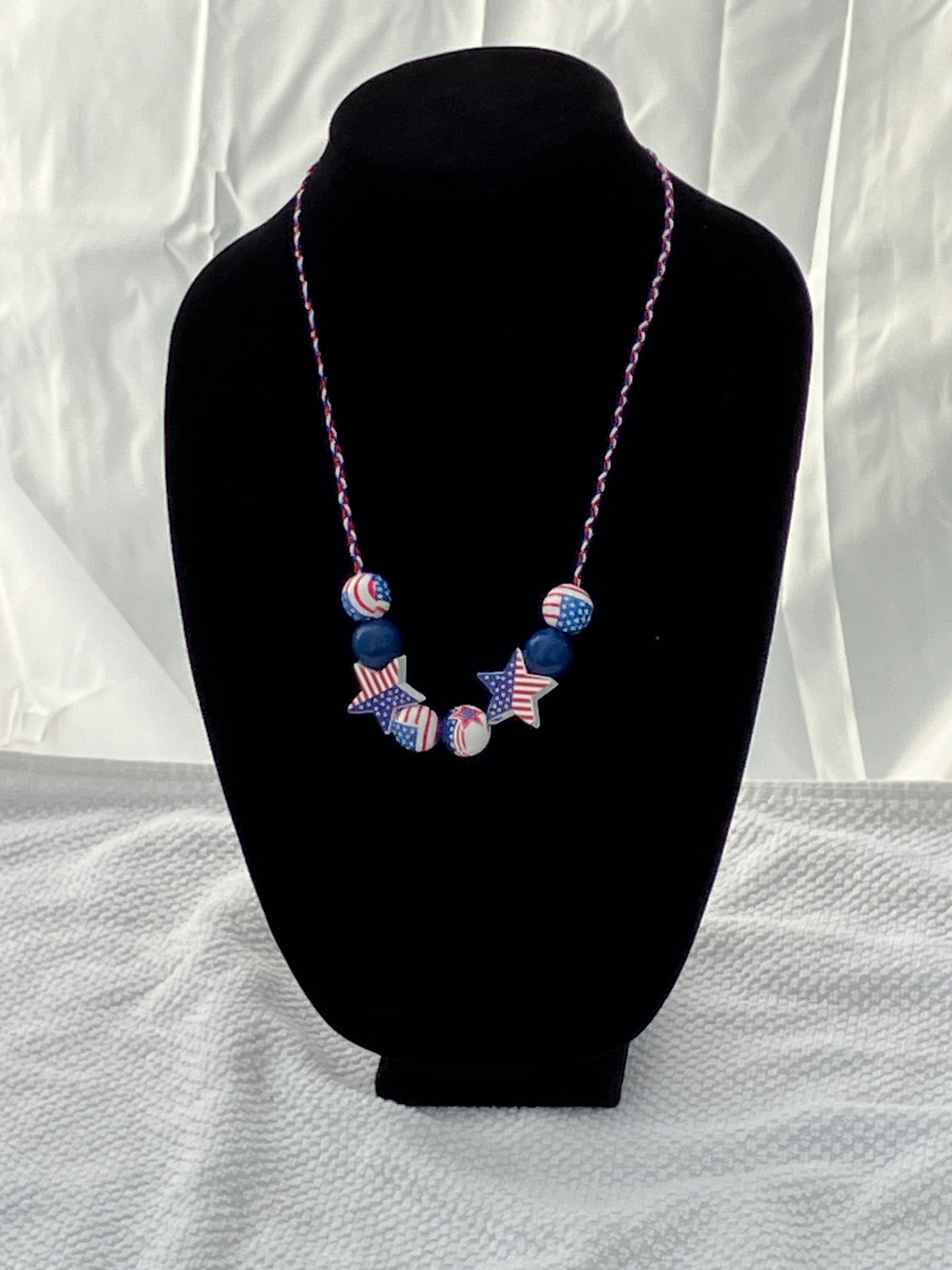 Patriotic Necklace 8 Wooden Beads Braided Cord 23.5”