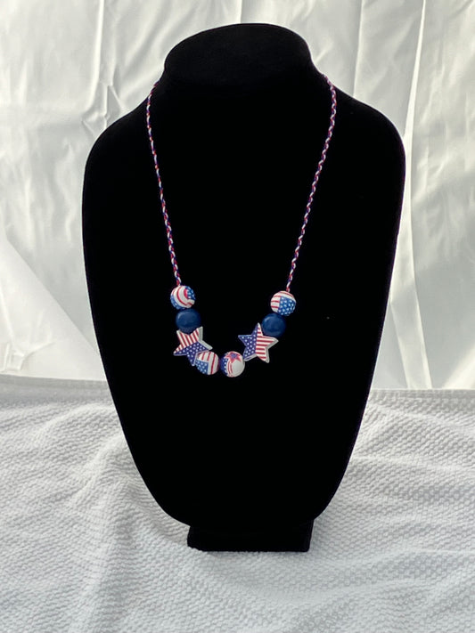 Patriotic Necklace 8 Wooden Beads Braided Cord 23.5”