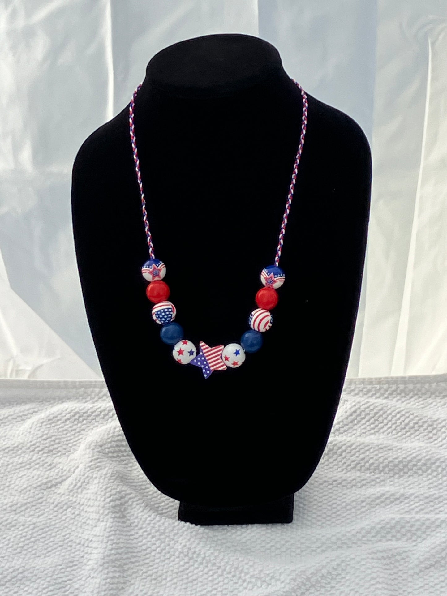 Patriotic Necklace 11 Wooden Beads Braided Cord 24.5”