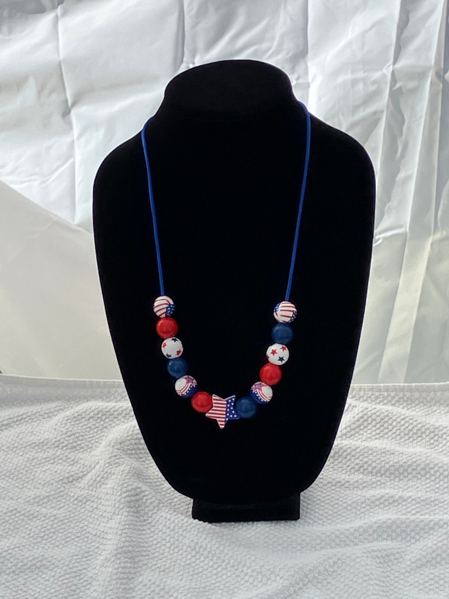 Patriotic Necklace 13 Wooden Beads Satin Nylon Cord-27”