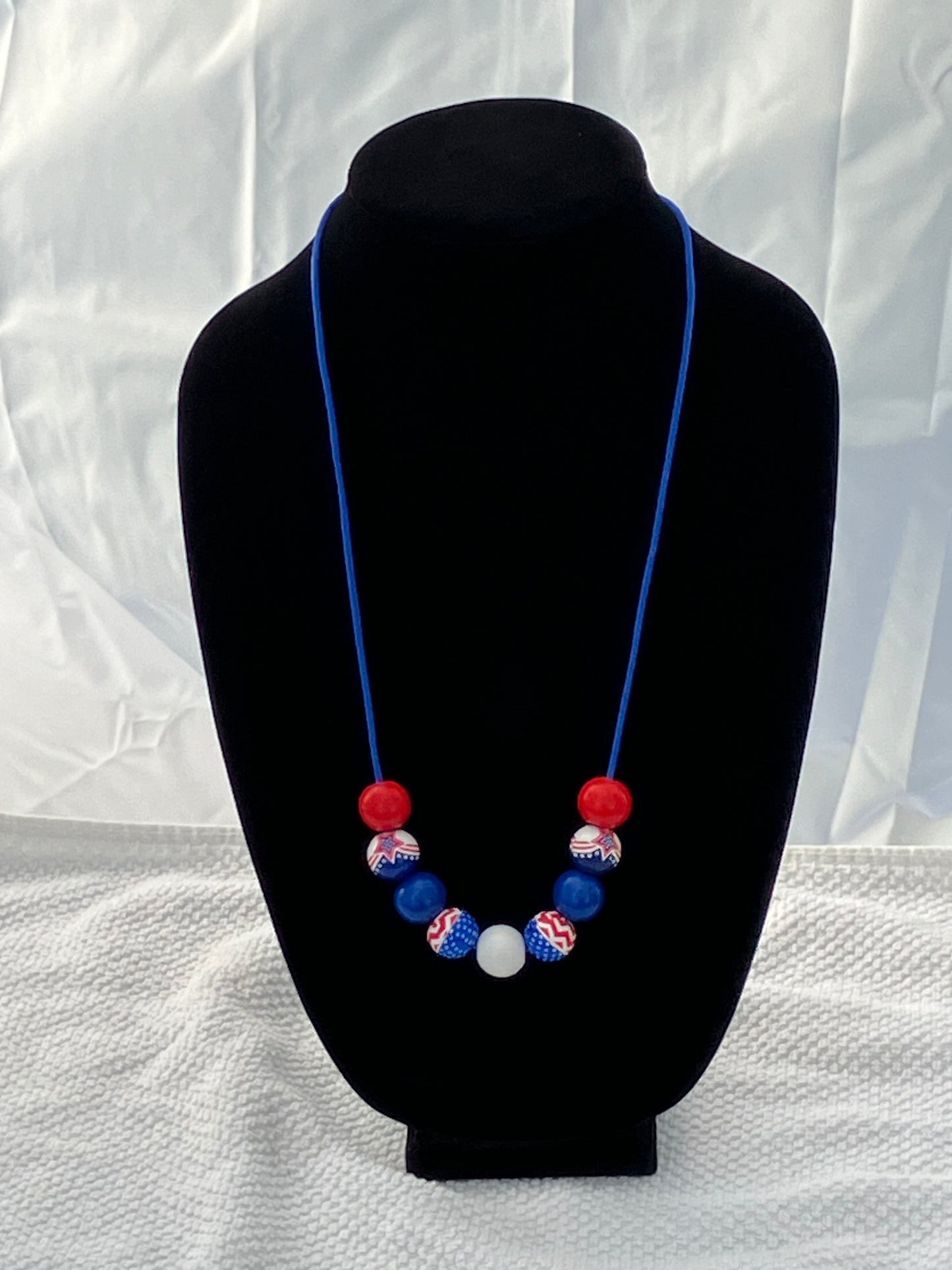 Patriotic Necklace 9 Wooden Beads Satin Nylon Cord-26”