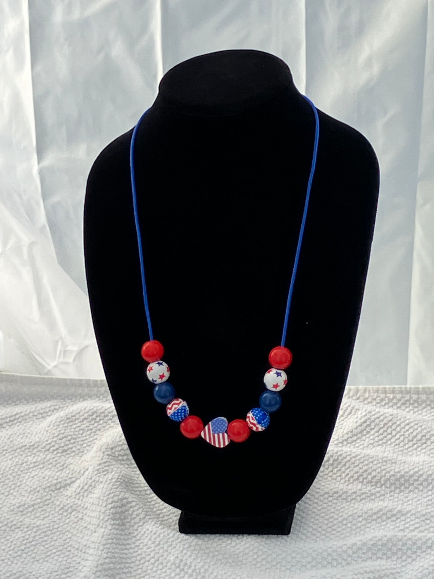 Patriotic Necklace 11 Wooden Beads Satin Nylon Cord 26-27”