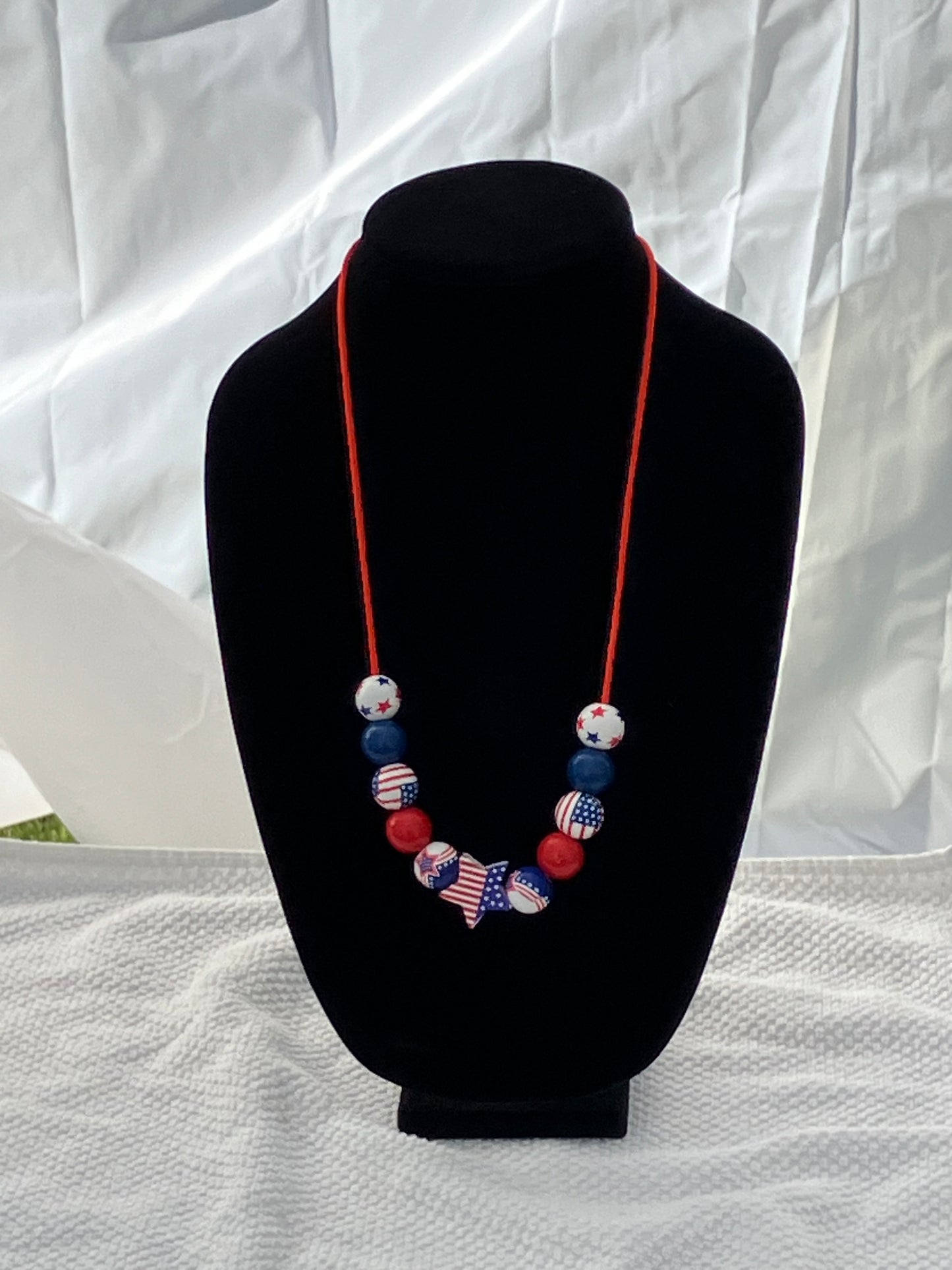 Patriotic Necklace 11 Wooden Beads Satin Nylon Cord 26-27”