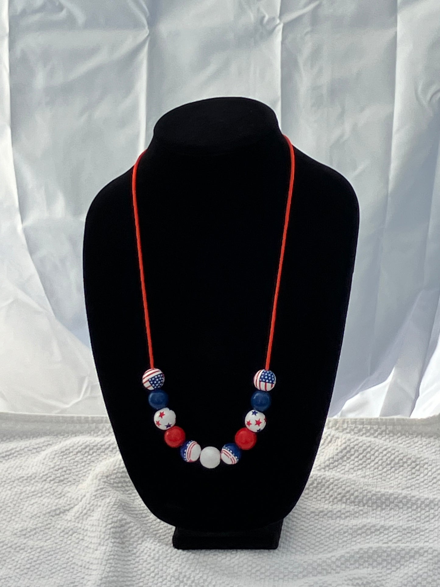 Patriotic Necklace 11 Wooden Beads Satin Nylon Cord 26-27”
