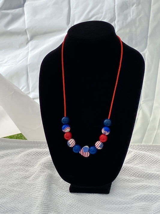 Patriotic Necklace 11 Wooden Beads Satin Nylon Cord 26-27”