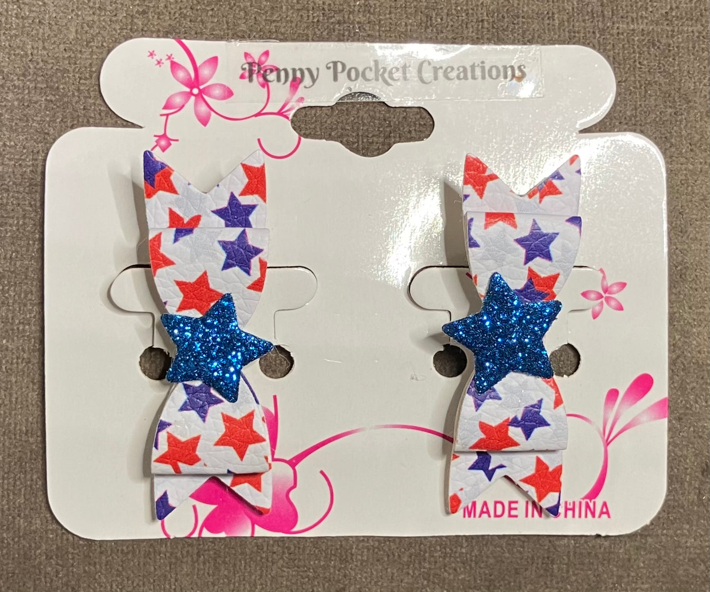 Patriotic Synthetic Leather Hair Bows Small White with Red/Blue Stars